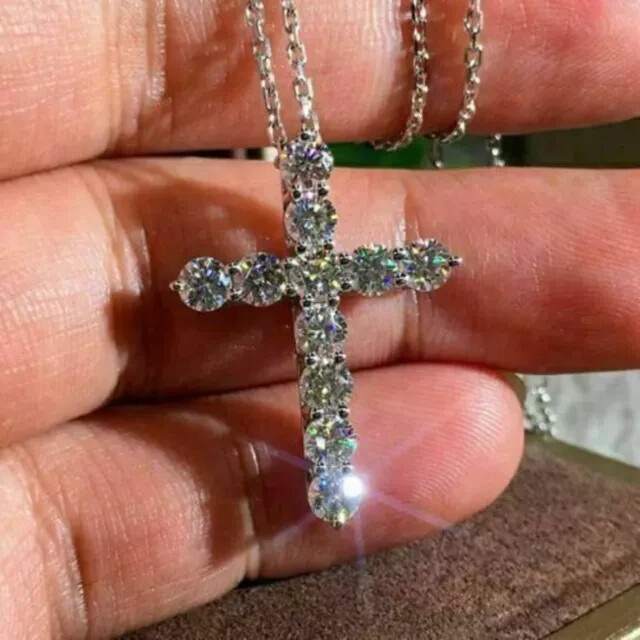 3.00 Ct Round Cut Moissanite Cross Pendant With Chain 14k White Gold Plated