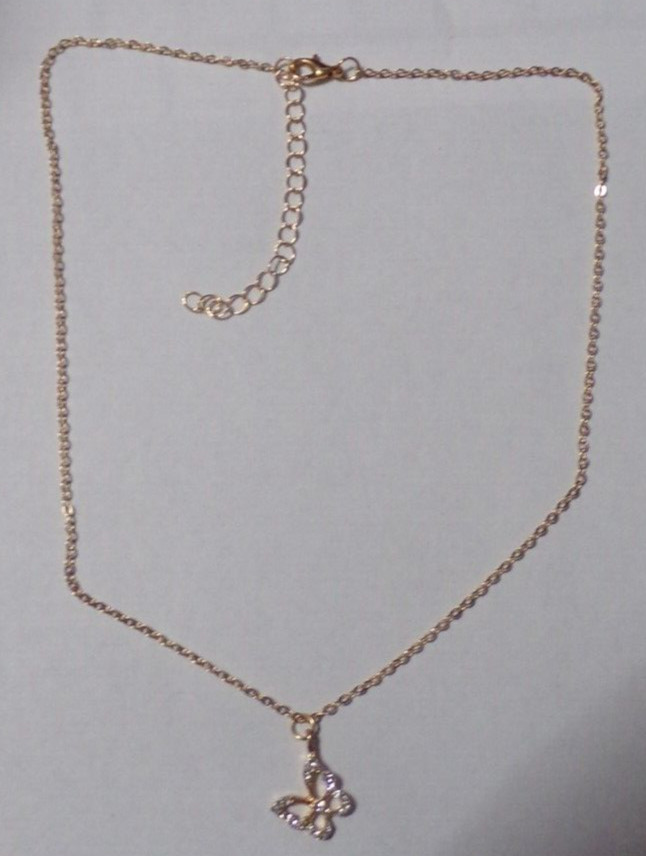 New Gold Tone & Clear Rhinestones Butterfly On 18″ Gold Tone Necklace