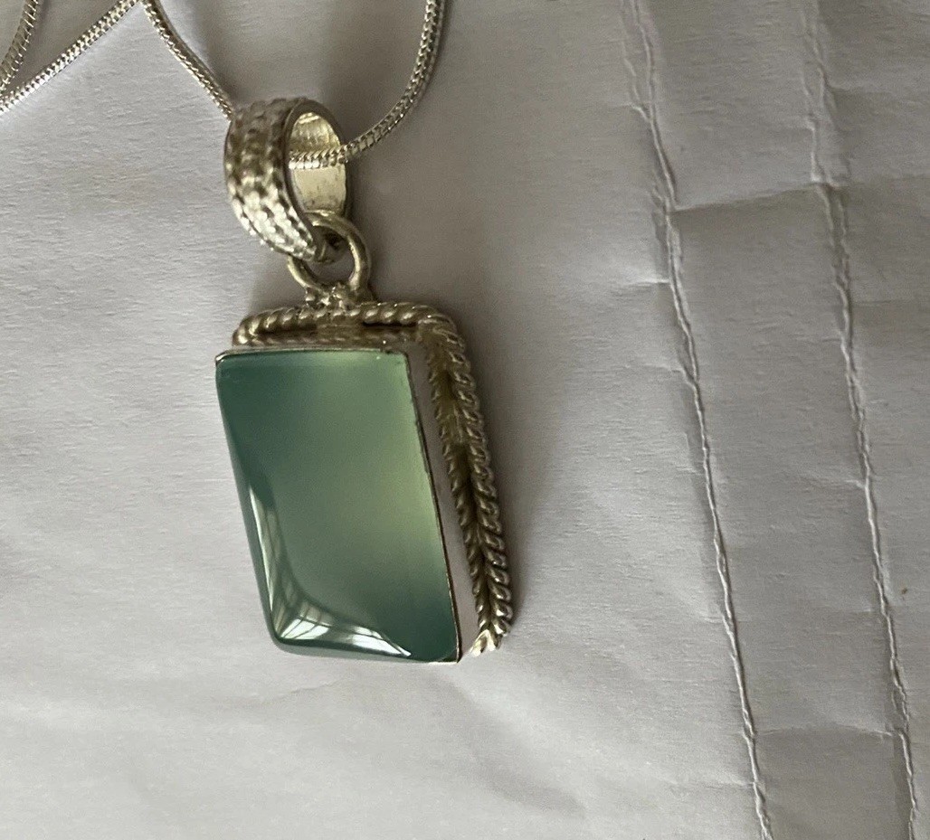 Vintage Aqua Chalcedony Big Pendant 925 Silver 20”chain.4x2cm UK Seller VGC
