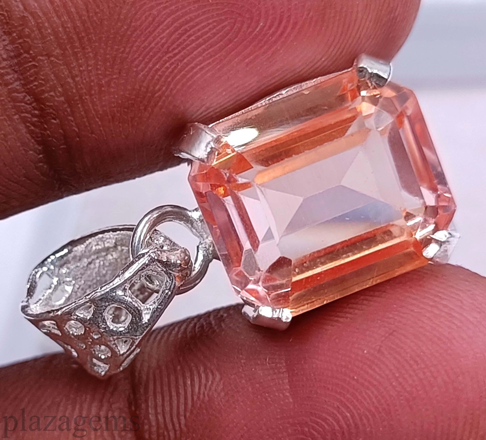 Natural Peach Sapphire 26.40 Ct Emerald Cut Pendant with 925 Silver Chain “5NSP
