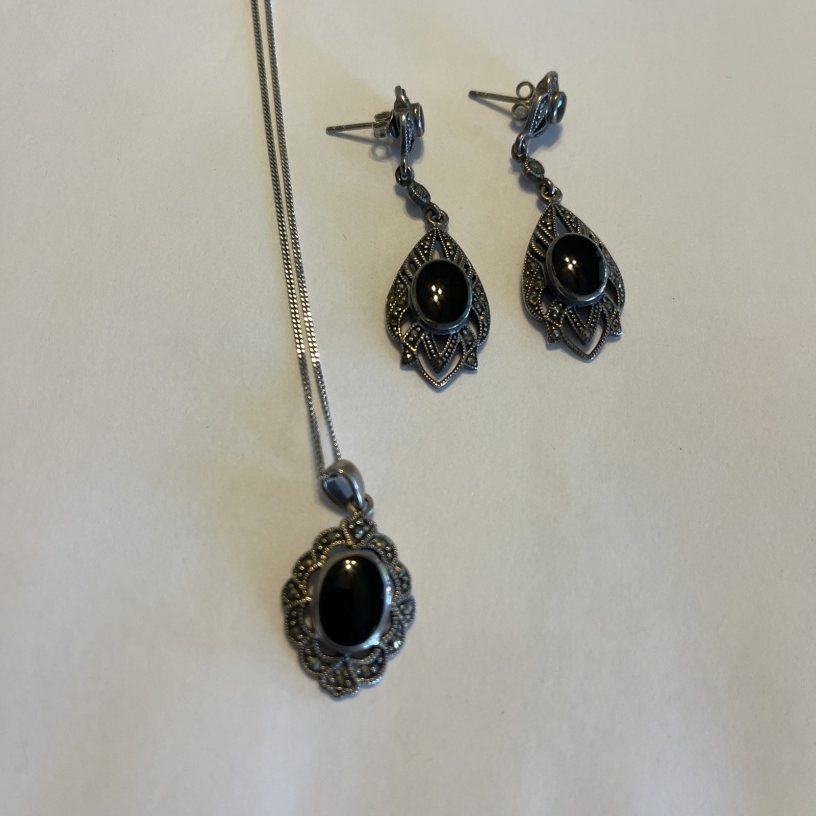 Vintage Sterling Silver Black Onyx Marcasite Filigree Pendant, Chain & Earrings