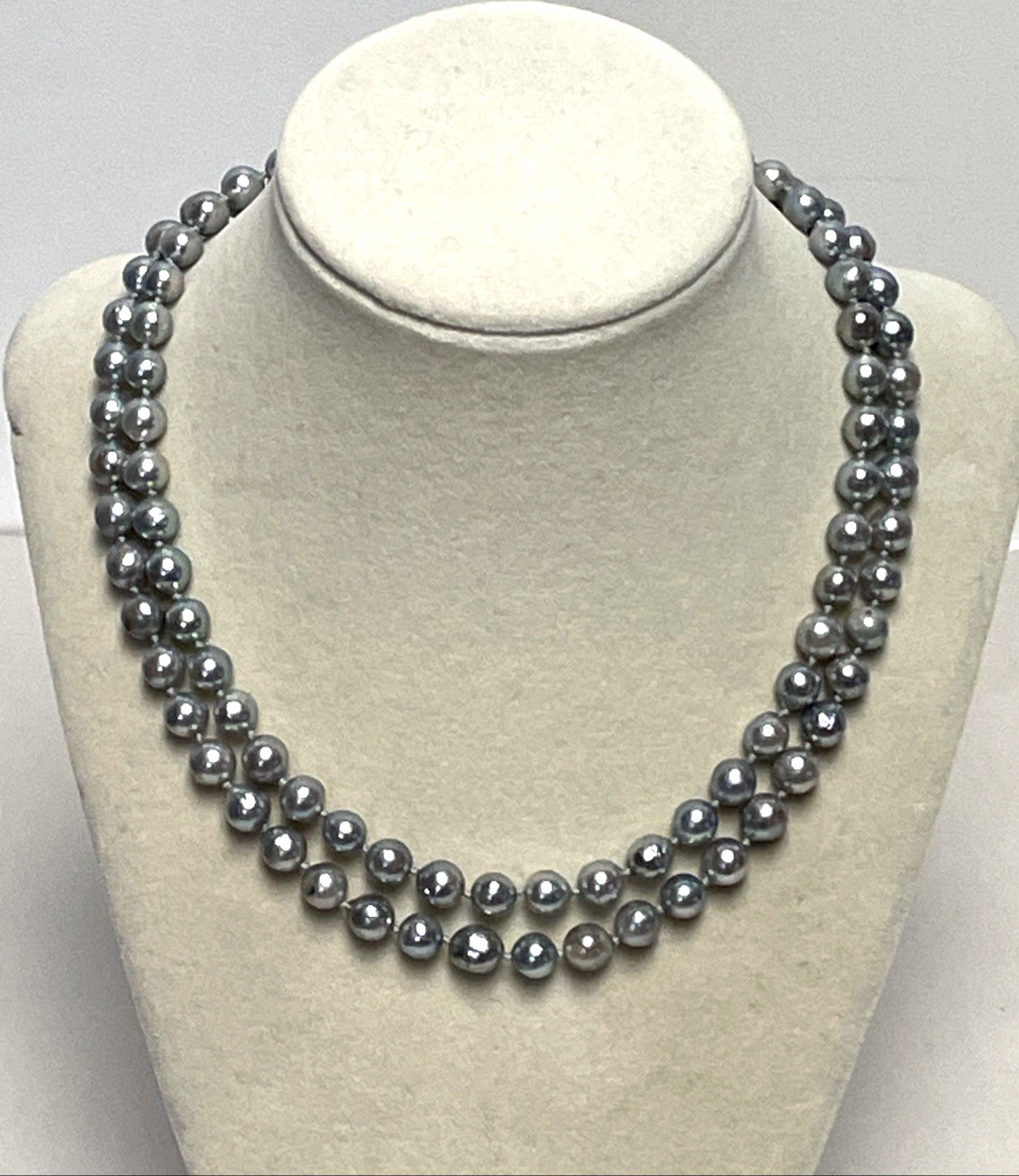Vintage Blue Gray Baroque Japanese Akoya Pearl Necklace 16” Silver Clasp 7-7.5mm