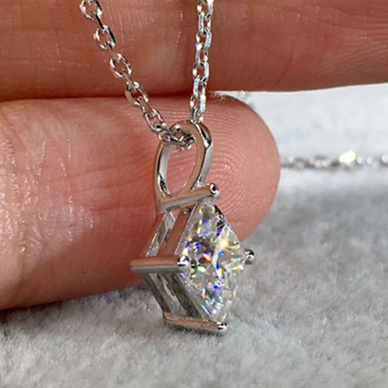 3.00 Ct Princess Cut Real Moissanite Pendant 14k White Gold Plated Free Chain