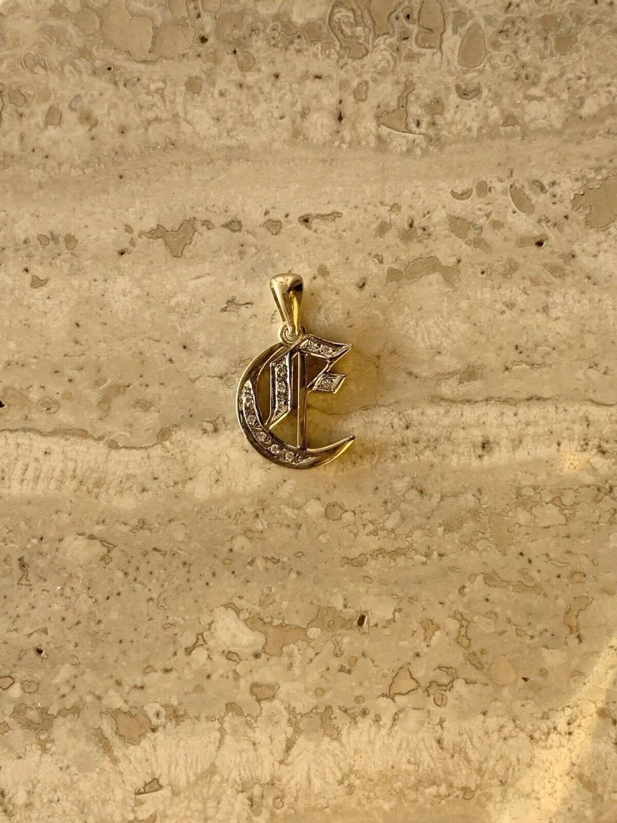 Moissanite Initial E Letter Layered Old English Pendant 14K Yellow Gold Plated