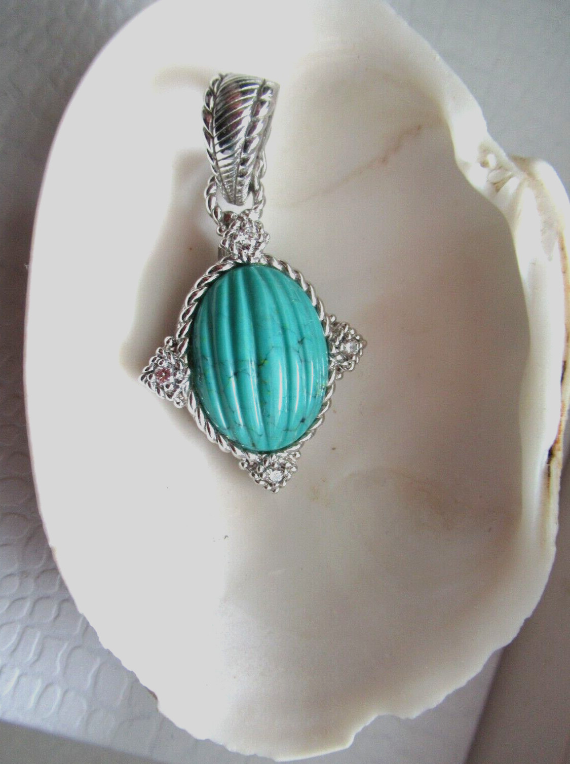 JUDITH RIPKA 925 SS CARVED TURQUOISE DIAMONIQUE CZ PENDANT ENHANCER GIFT BOX