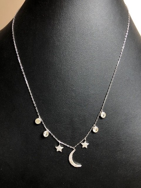 B3796 Celestial Moon Star Dangle CZ Necklace Sterling Silver 16-18″