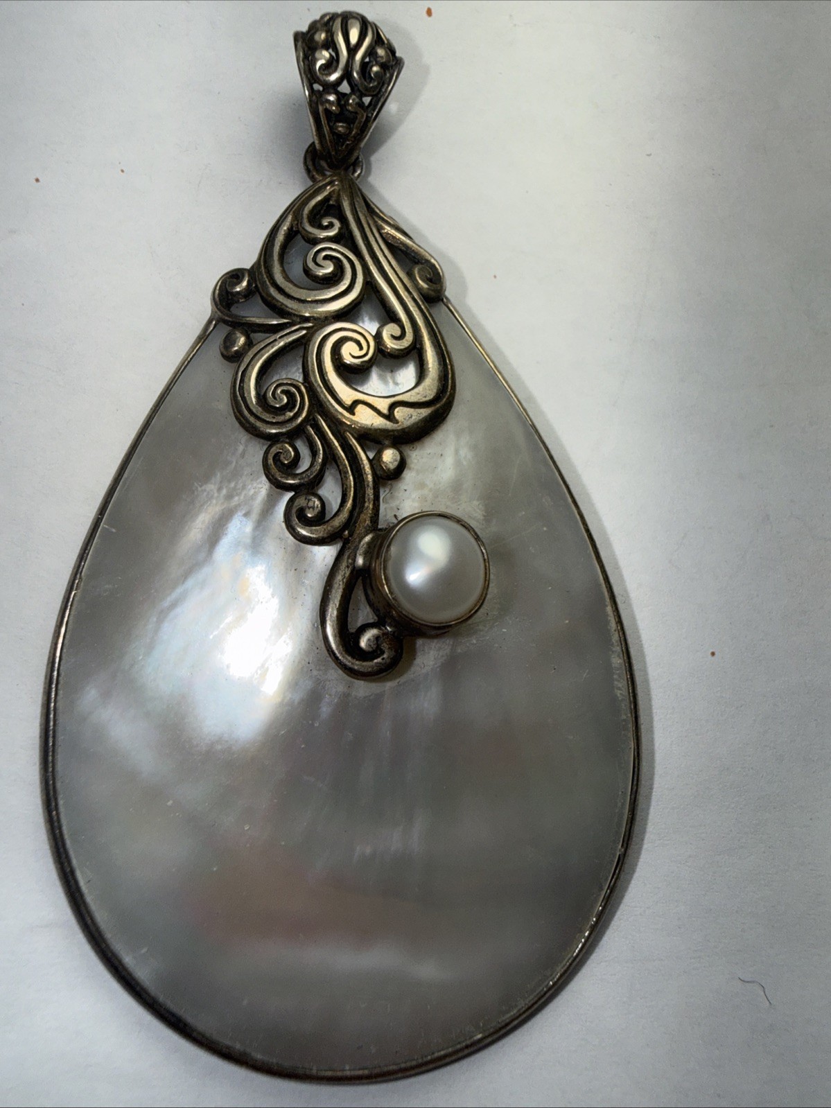 Pendant Huge Cultured Pearl And Mother If Pearl Signed ATI 925 ID Vintage 3.25”
