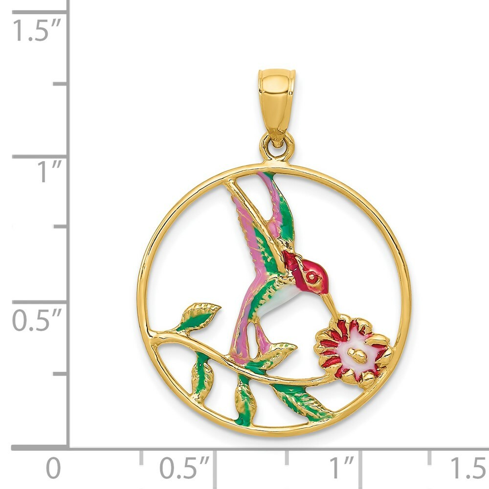 14k Yellow Gold Hummingbird & Flower in Circle Charm Pendant 1.22 Inch