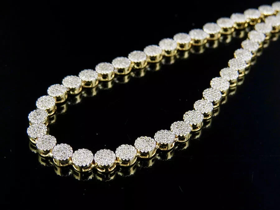 Mens 10K Yellow Gold 1 Row Cluster 7 CT. Natural Diamond Chain Necklace 30″in