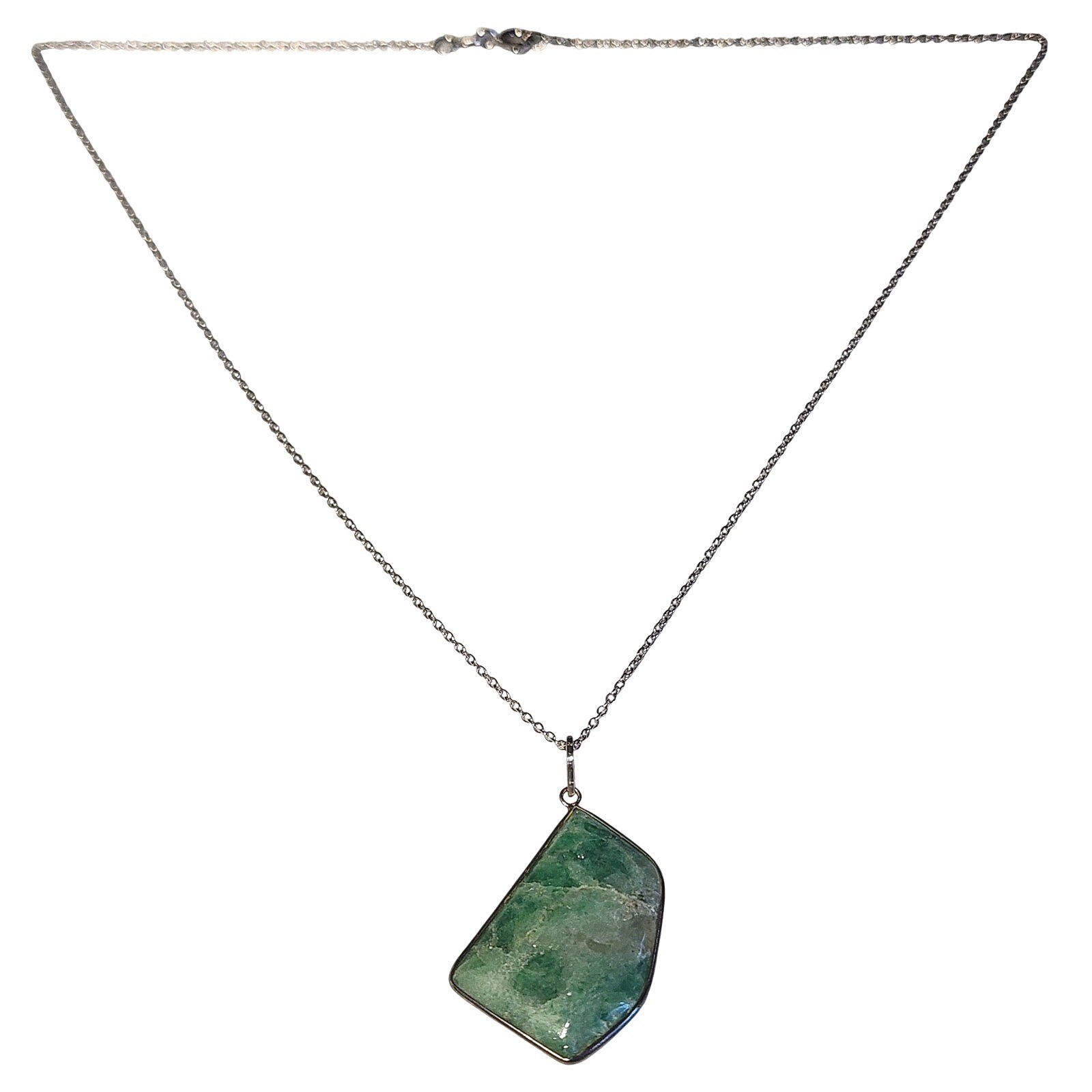 Sterling Silver 925 Green Stone Pendant Necklace Freeform Natural Gem Indonesia
