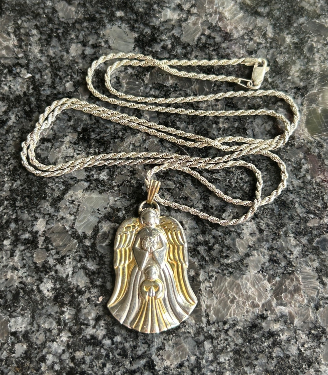 GORHAM STERLING SILVER GUARDIAN ANGEL DIAMOND ACCENT PENDANT NECKLACE 29.75 INCH