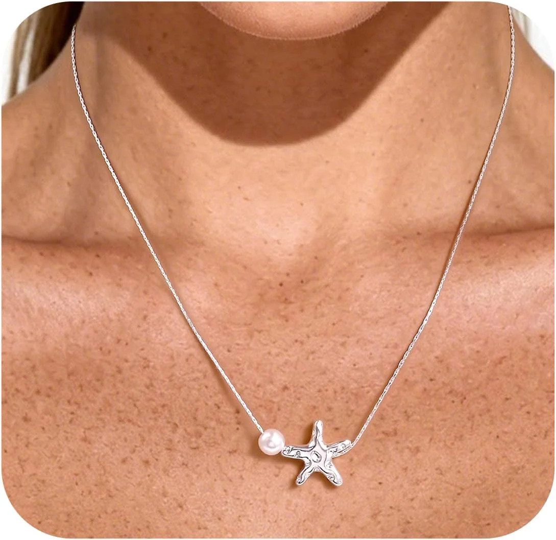 925 Sterling Silver Starfish Beach Necklace for Women Pendant with Starfish and