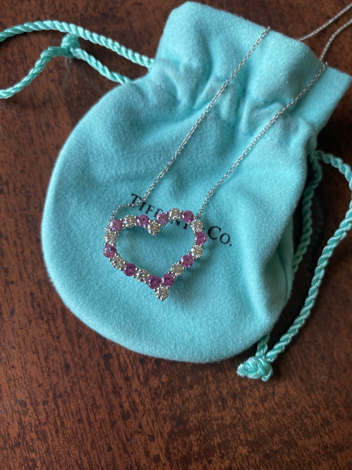 Tiffany & Co. – Platinum Diamond + Pink Sapphire Heart Pendant Necklace – Large