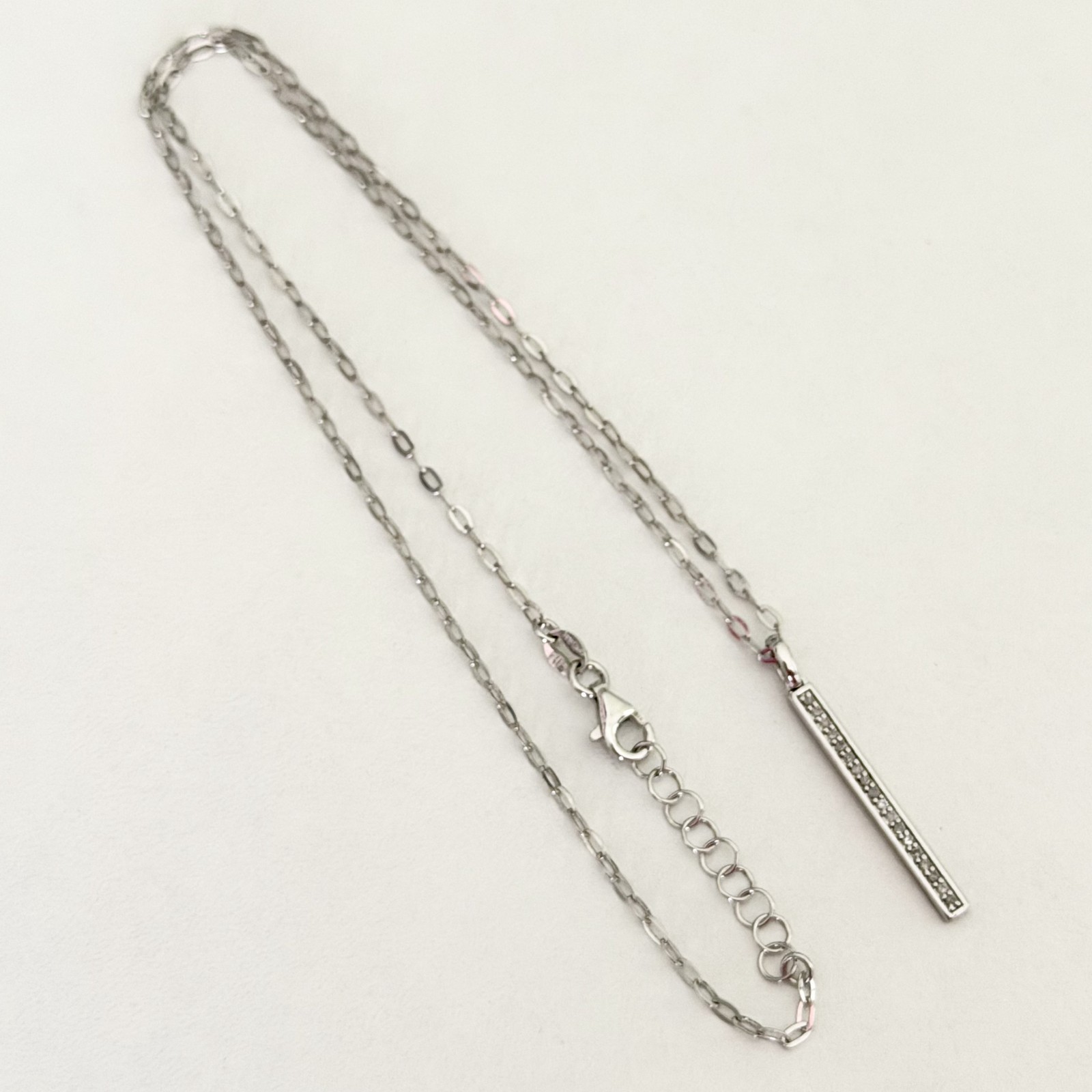 925 Italy Sterling Silver Genuine Diamond Pave Thin Bar Pendant Necklace 18″