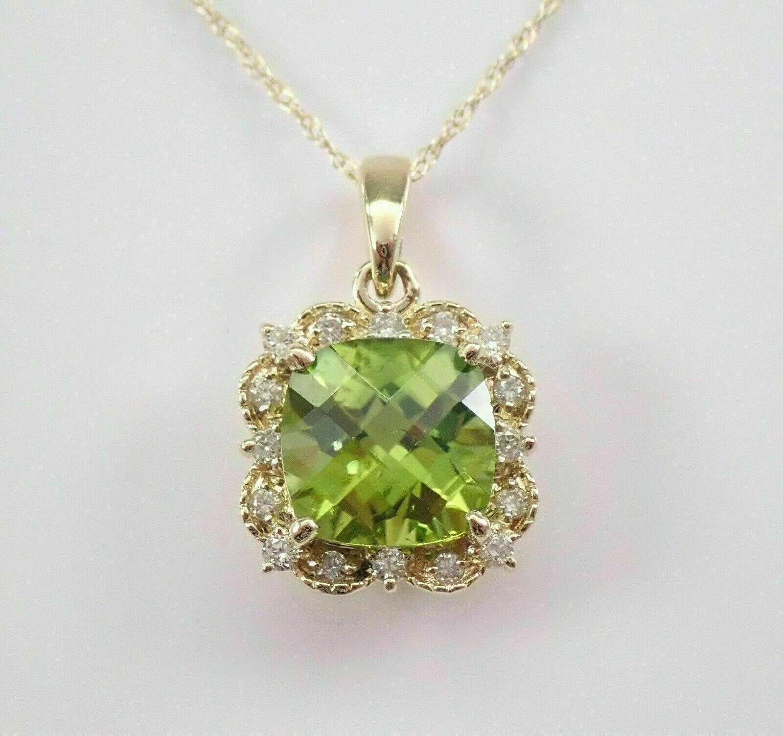 3Ct Cushion Cut Peridot Halo Beauty Pendant 14K Yellow Gold Finish