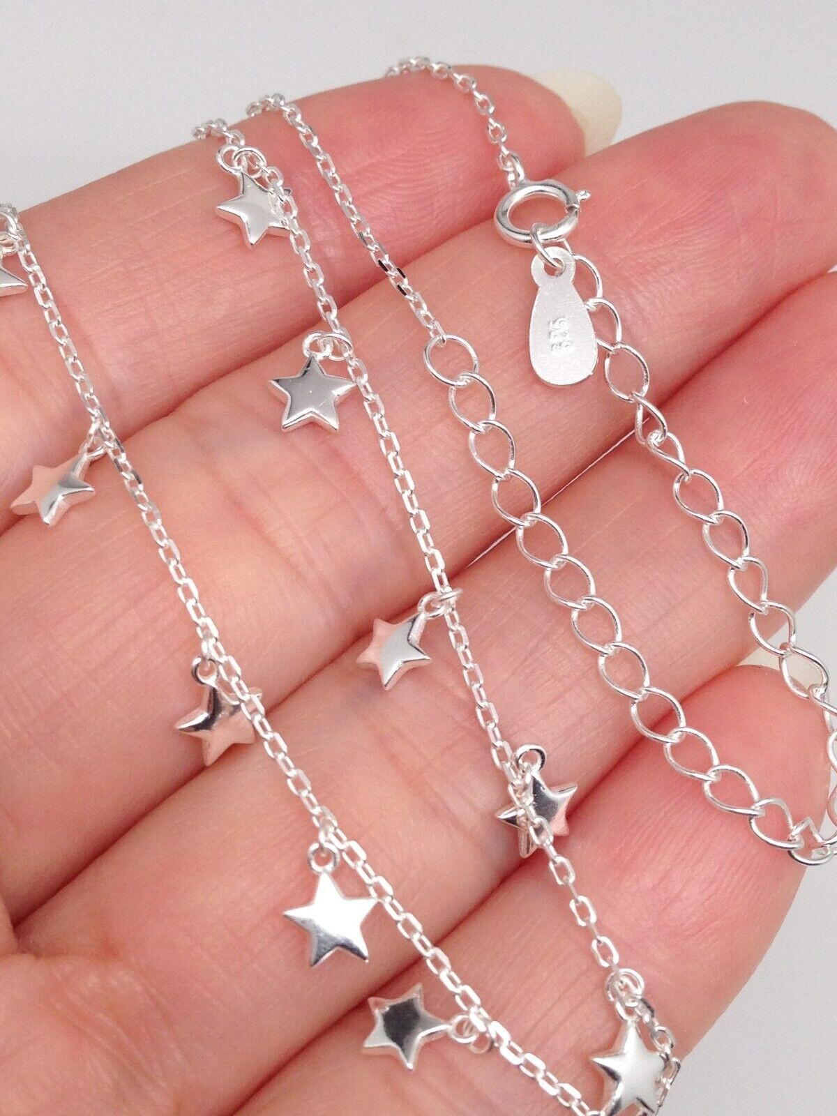 925 Sterling Silver Dangle Star Station Choker Necklace Dainty 3.5mm 15.5″ Women
