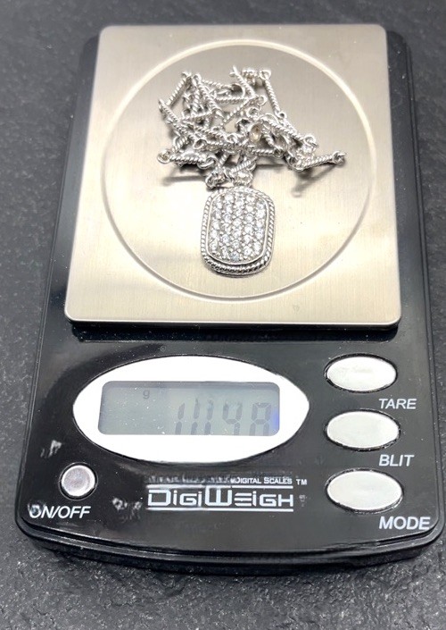 ADI Sterling Silver CZ Dog Tag Pendant with Twisted Bar Link Station 18” L Chain