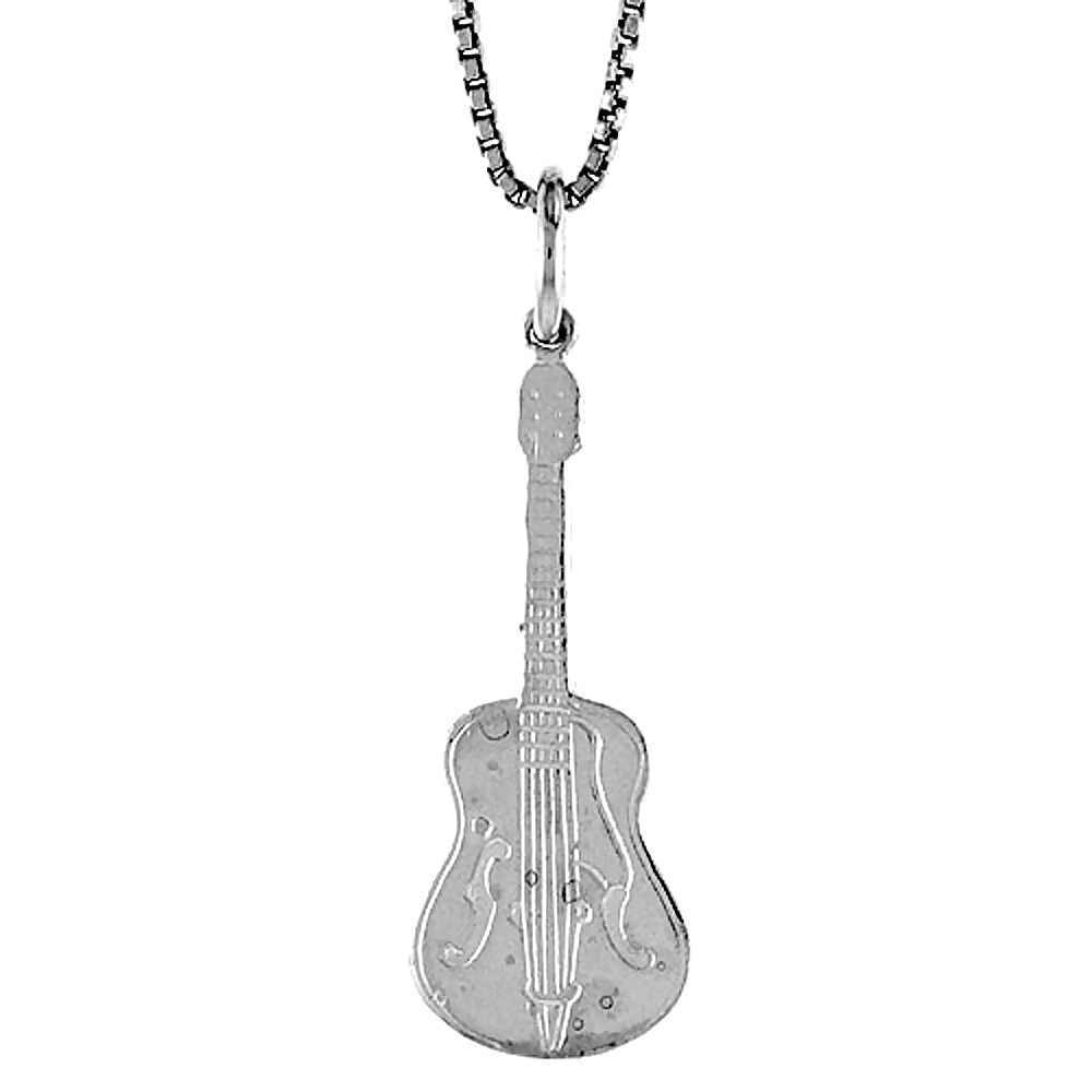 925 Sterling Silver Diamond Cut Guitar Pendant 1 1/32 (26mm) Inch Tall