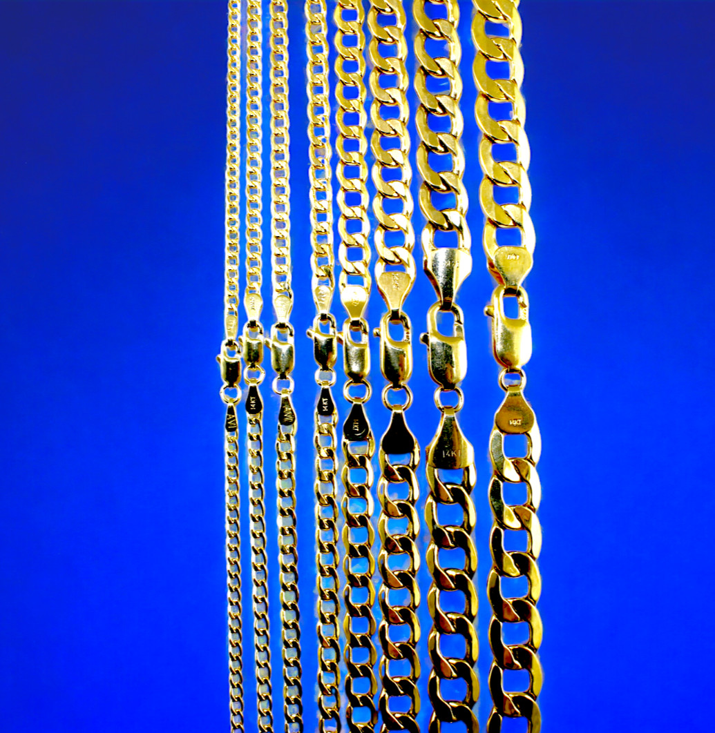 14K Yellow Gold 2mm-9mm Curb Cuban Chain Necklace Round Link All Sizes Men Women
