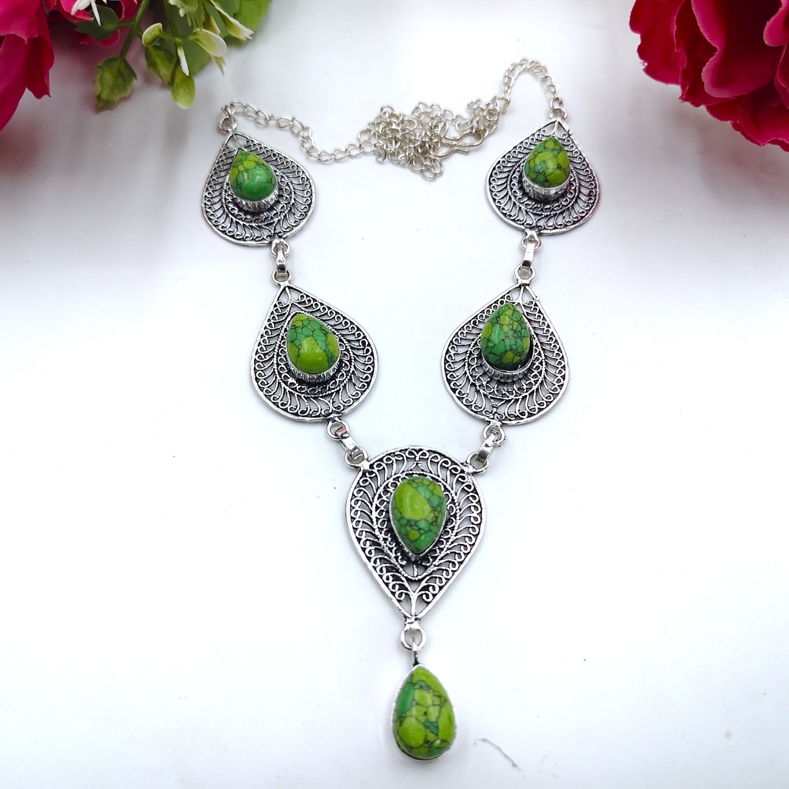 Green Turquoise Gemstone Handmade 925 Sterling Silver Jewelry Necklace Sz-17-18″