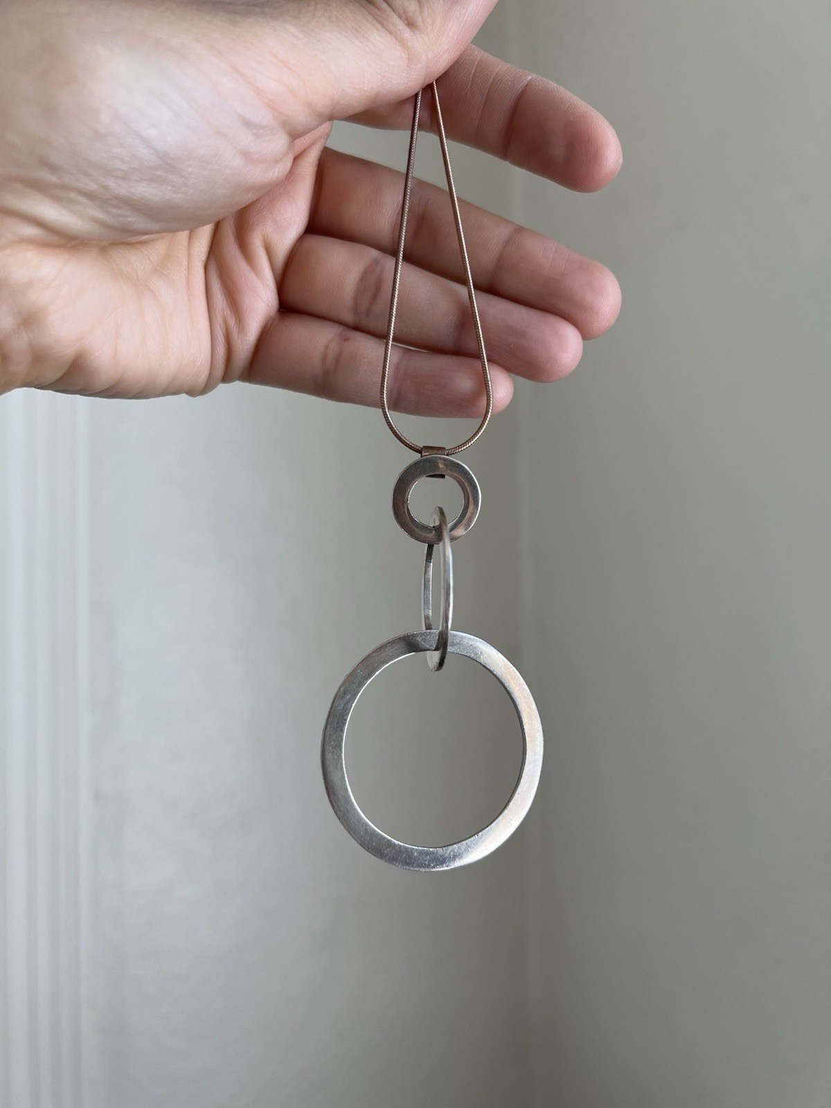 Sterling Silver 925 Round Triple Circle Statement Pendant Snake Chain Necklace
