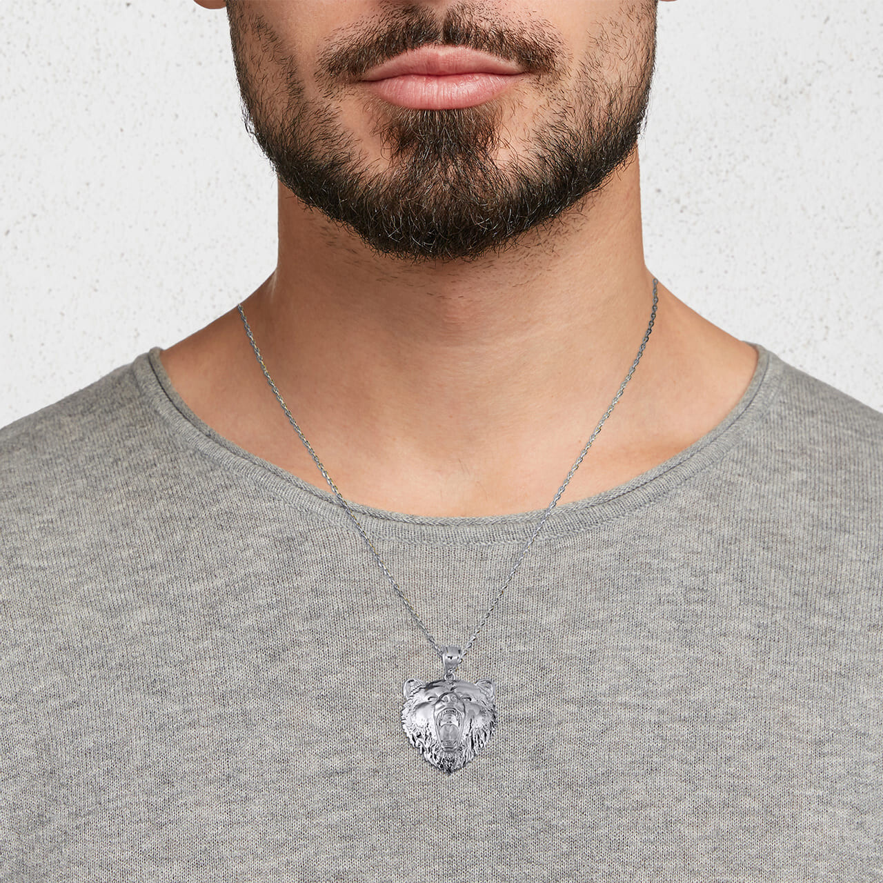 .925 Sterling Silver Roaring Grizzly Bear Head Animal Pendant Necklace