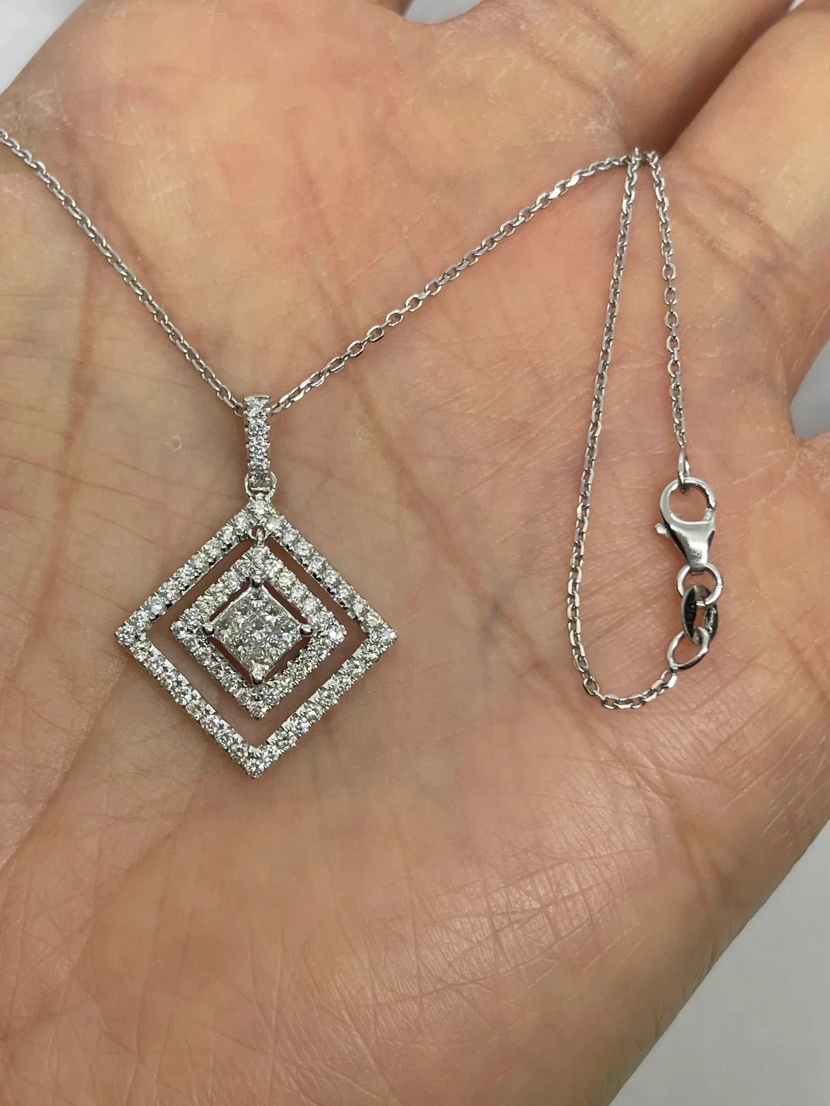 3Ct Round Cut Natural Moissanite Square Necklace Pendant 14K White Gold Plated
