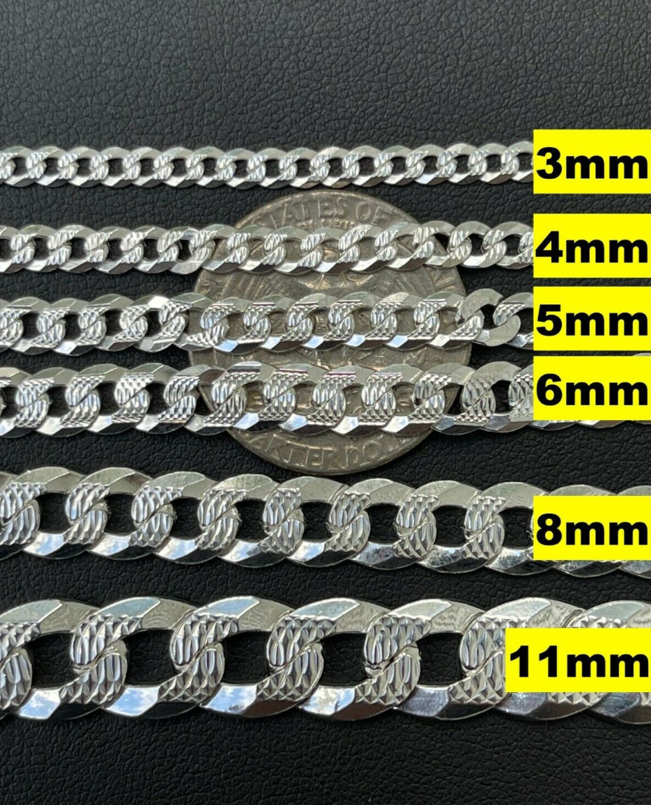 Real 925 Sterling Silver Mens Diamond Cut Curb Cuban Chain Bracelet or Necklace