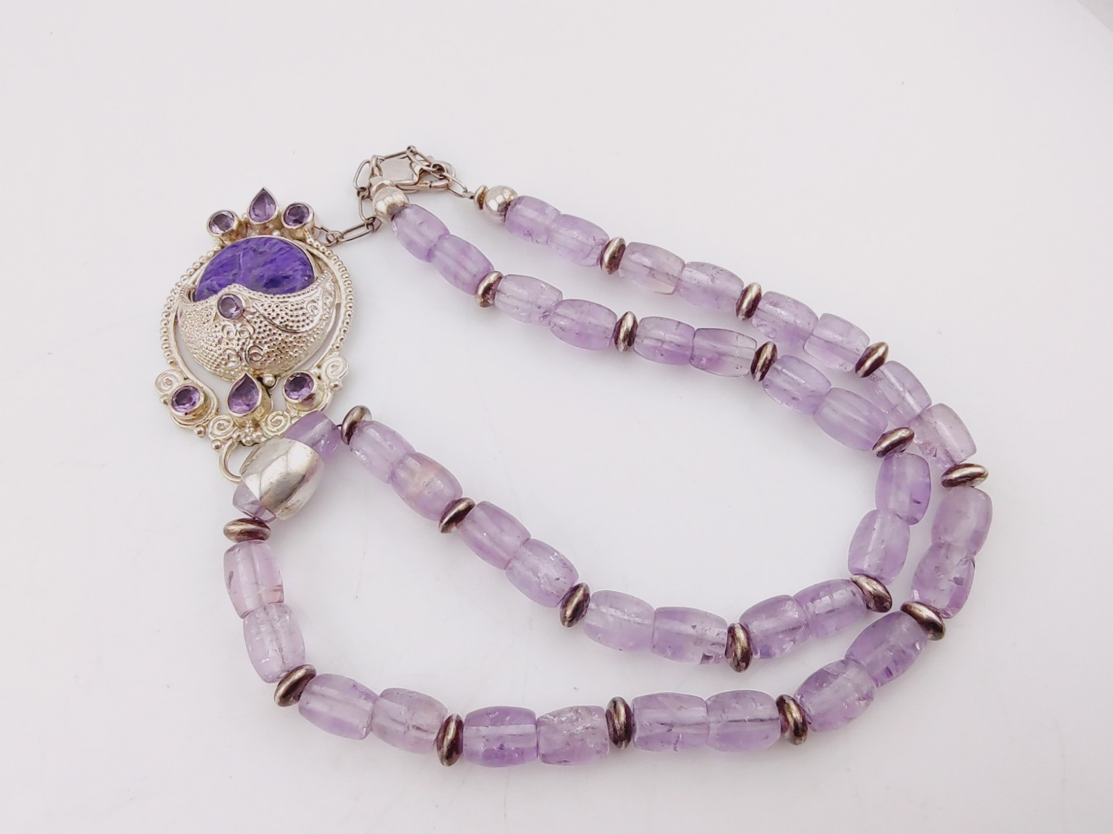 Charoite Amethyst Bead Sterl Silver Purple Goddess Gemstone Pendant Necklace 20″