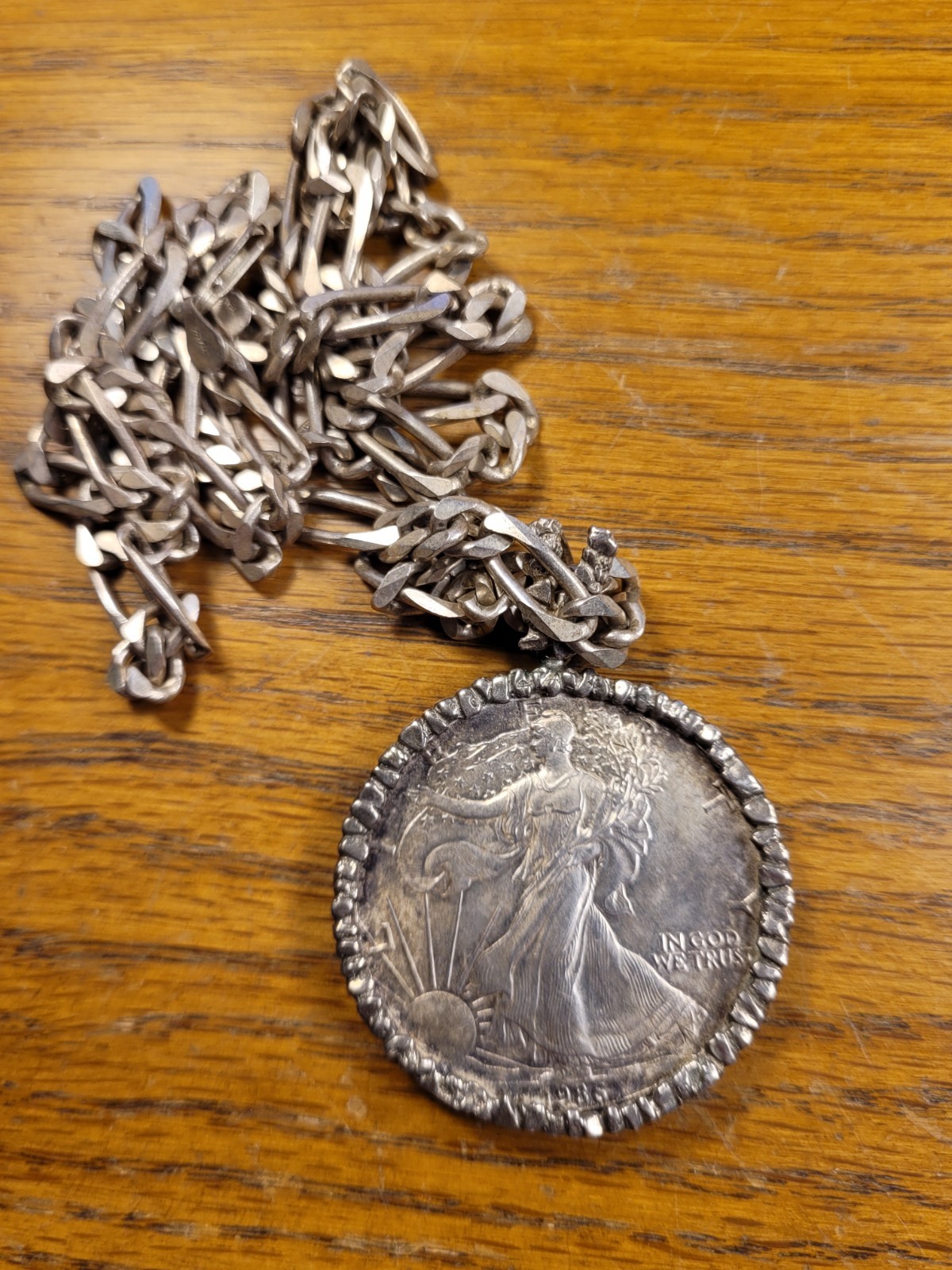 Sterling Silver Italy Figaro Chain Coin Pendant Necklace 925
