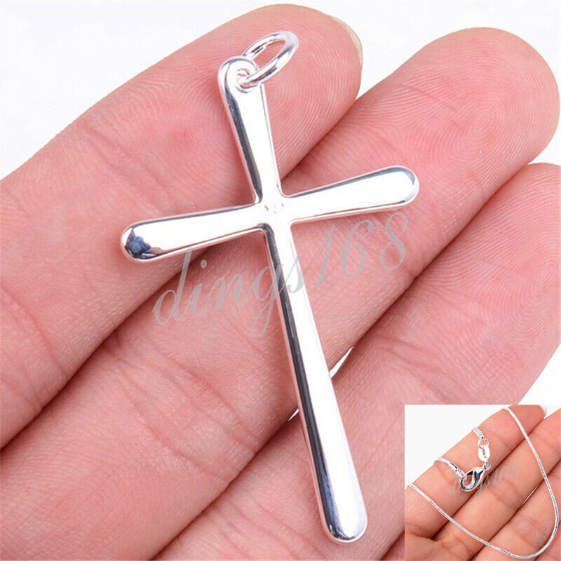 925 Sterling Silver Classic 45mm Large Cross Pendant+16~38″ snake chain Necklace