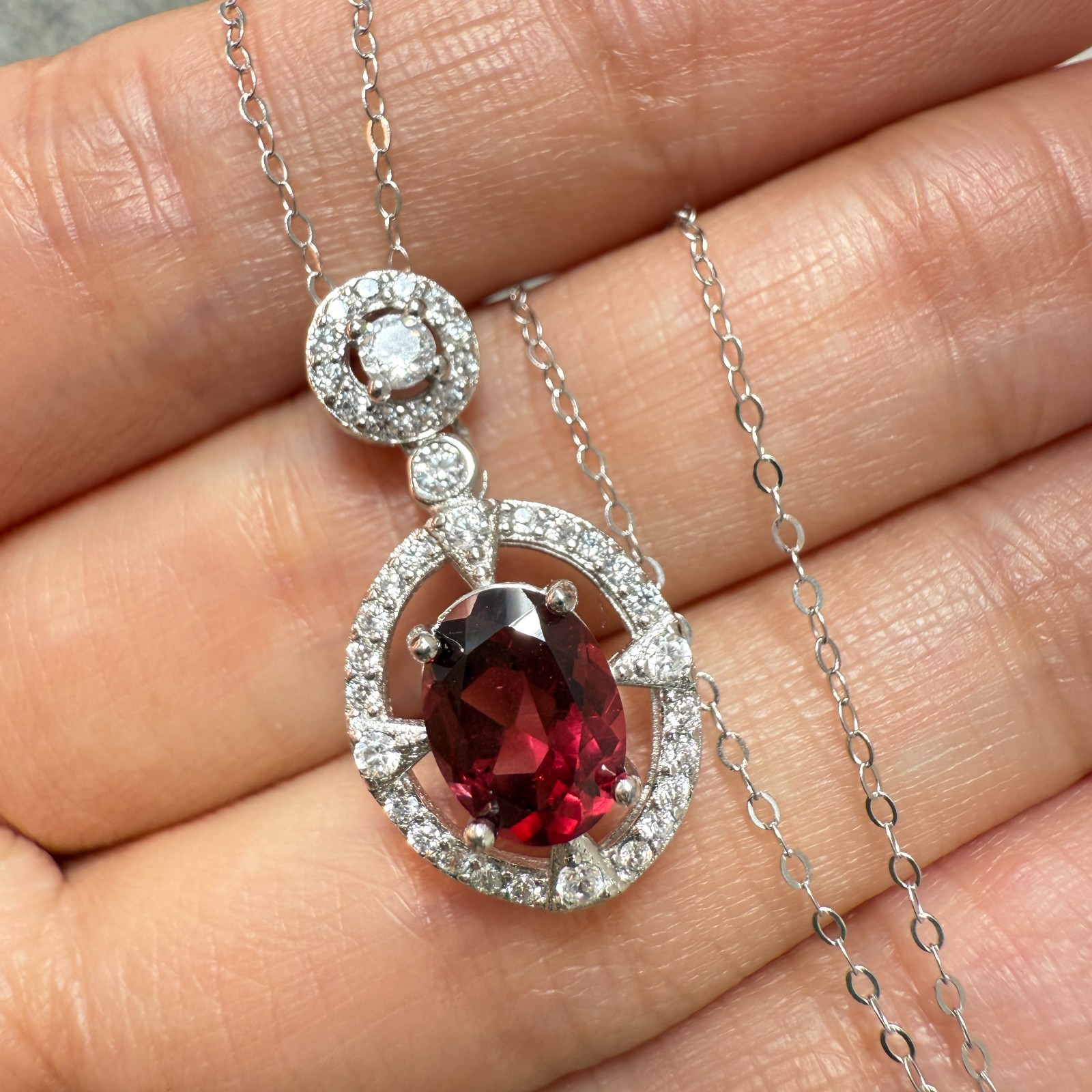 925 Sterling Silver Necklace 8x6mm Natural Garnet Zircon Flower Handmade Chain