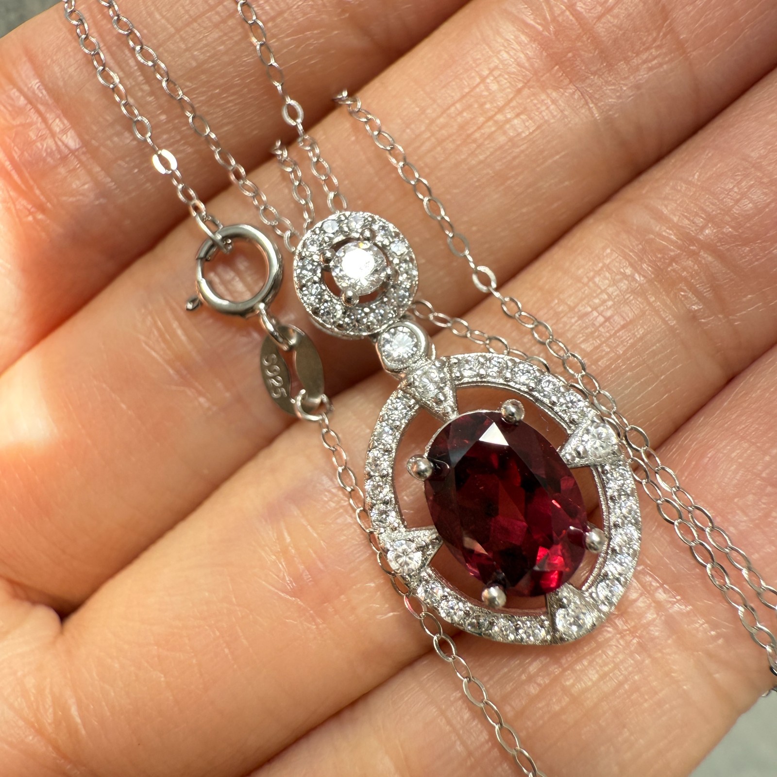 925 Sterling Silver Necklace 8x6mm Natural Garnet Zircon Flower Handmade Chain