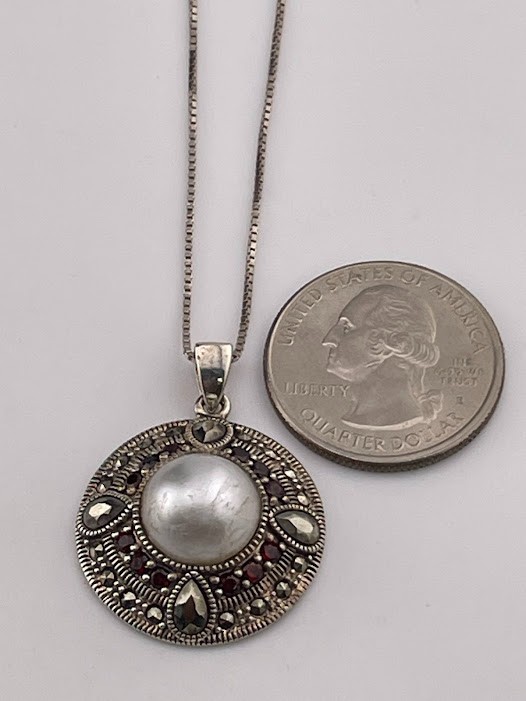 NF THAILAND 925 STERLING SILVER MARCASITE PEARL GARNET NECKLACE 18″ 3679