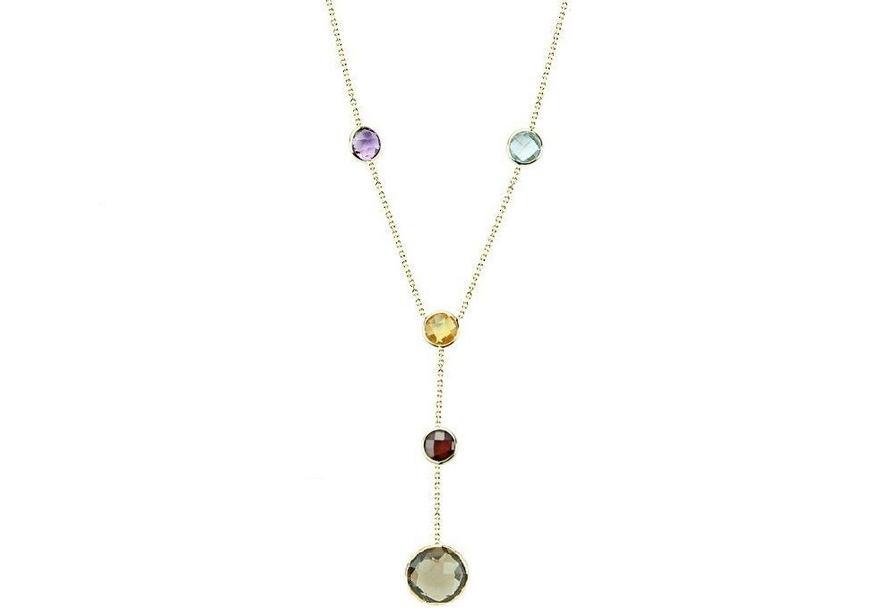 14K Yellow Gold Fancy Cut Gemstones Necklace With A Drop 16 Inches