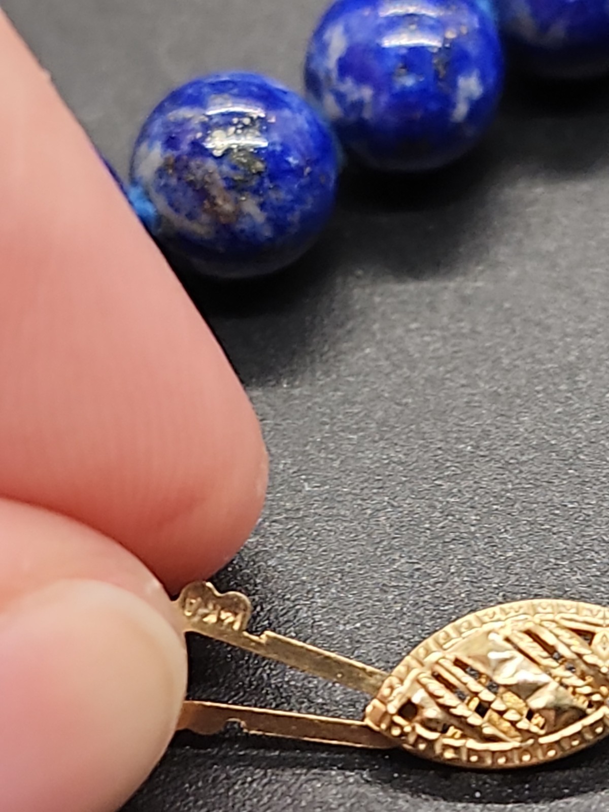 24” Natural Lapis Lazuli 8mm Bead Necklace Matinee Length Hand Knotted 14k Clasp