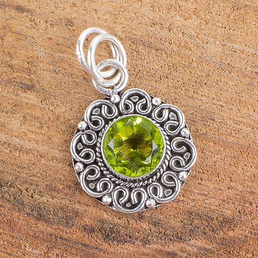 Round Peridot Stone 925 Silver Bezel Mother Anniversary Birthday Pendant Jewelry