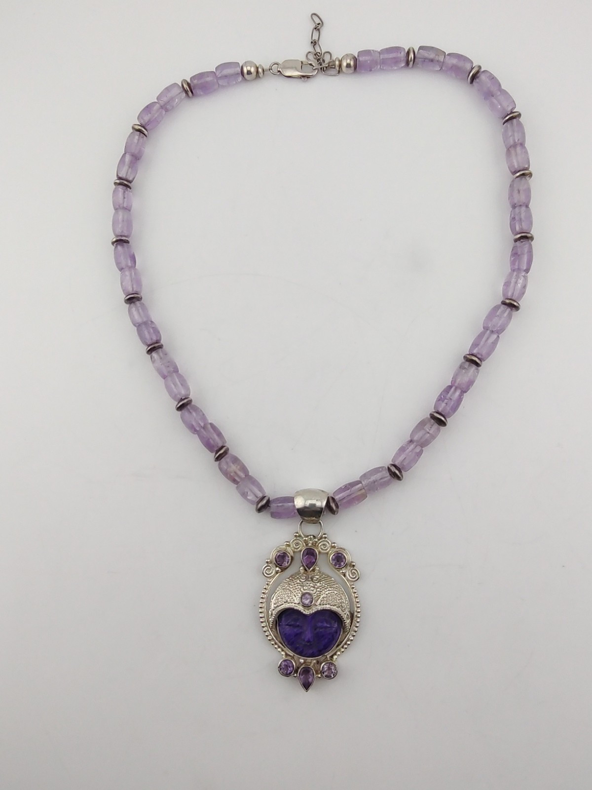 Charoite Amethyst Bead Sterl Silver Purple Goddess Gemstone Pendant Necklace 20″