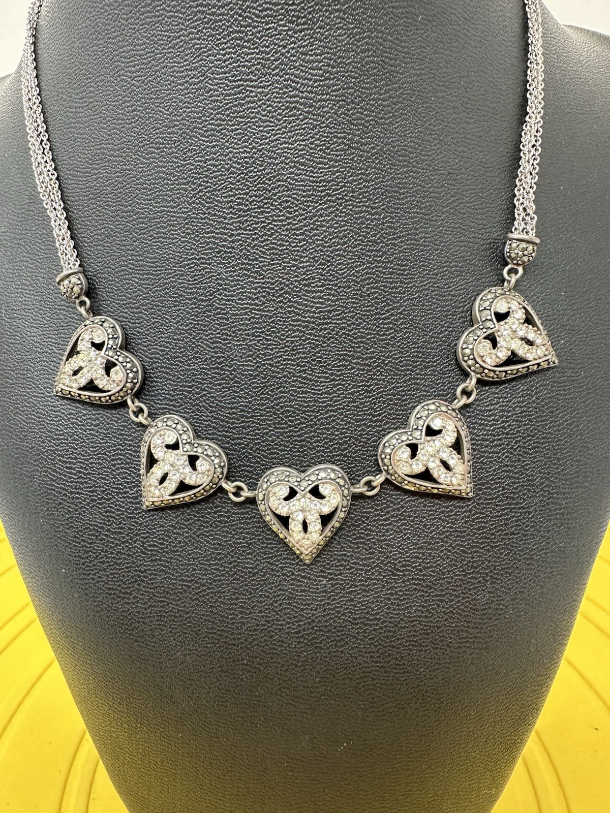 Sterling Silver Ross Simons 5 Heart Pendant Marcasite CZ Choker Necklace 18g 15”