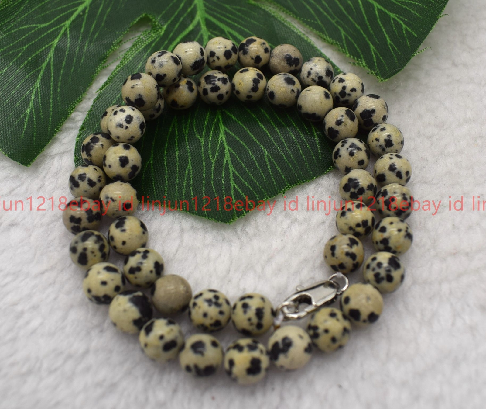 Natural 6/8/10mm White Dalmatian Jasper Round Gemstone Beaded Necklace 16-28in