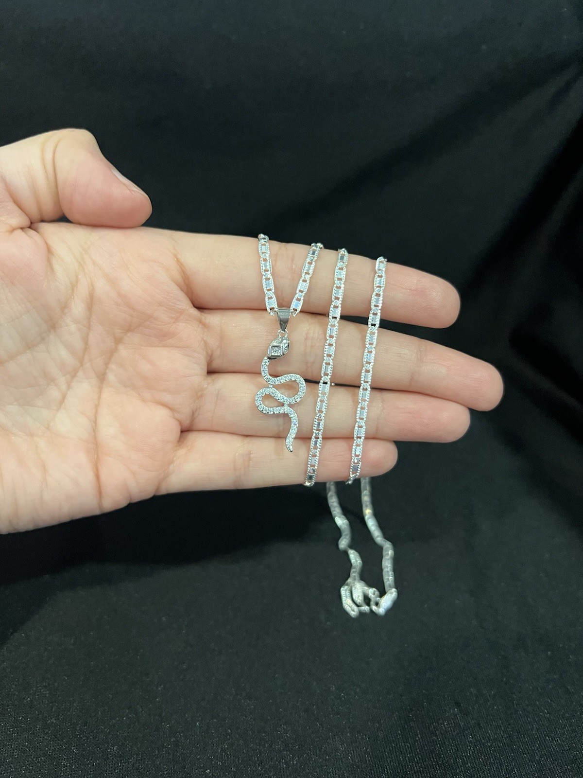 925 Sterling Silver Women Men Cobra Snake Serpent CZ & Valentino Chain