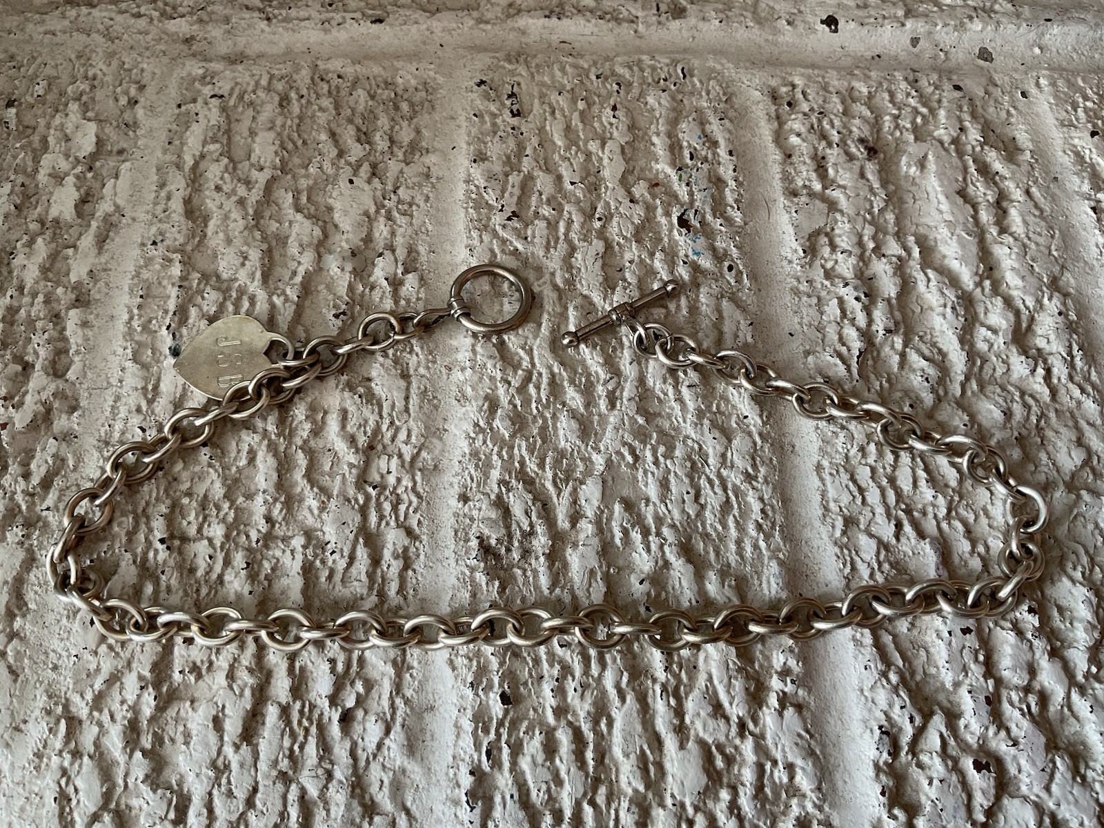 Vtg Heavy Chunky 925 Sterling Silver Heart Charm Toggle Rolo Chain Necklace 18”