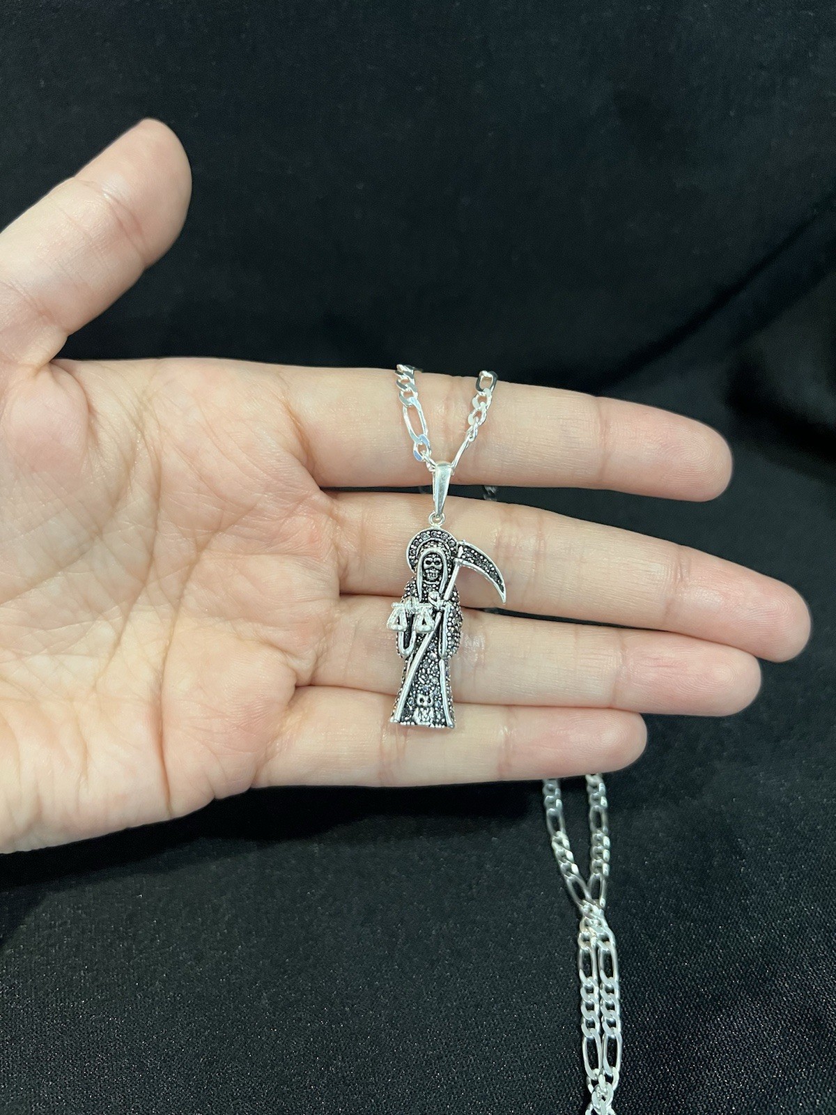 925 Sterling Silver Small Stones Santa Muerte Grim Reaper Figaro Chain 20 22 24