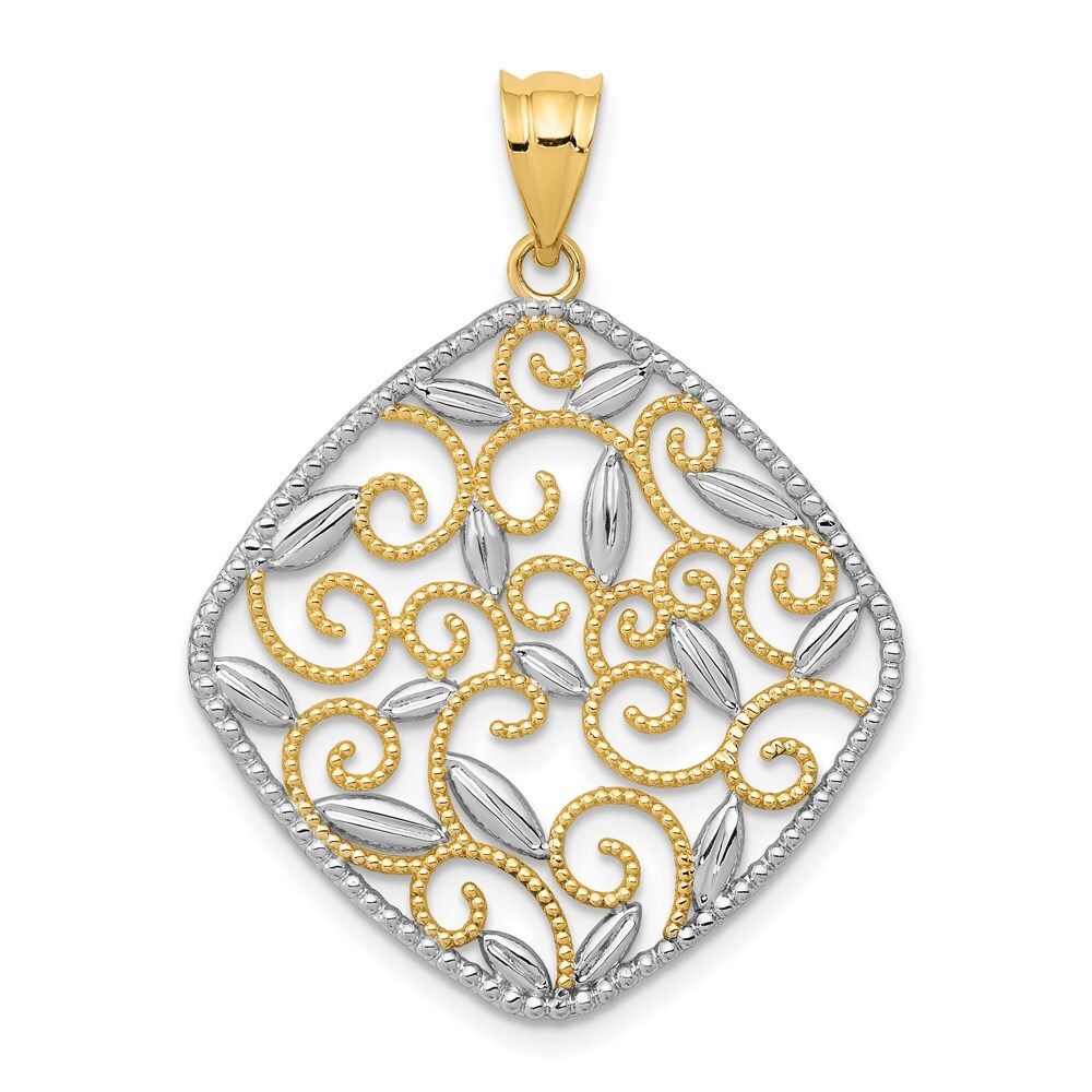 14k Yellow Gold w Rhodium Diamond-Cut Filigree Swirl Pendant 1.53g
