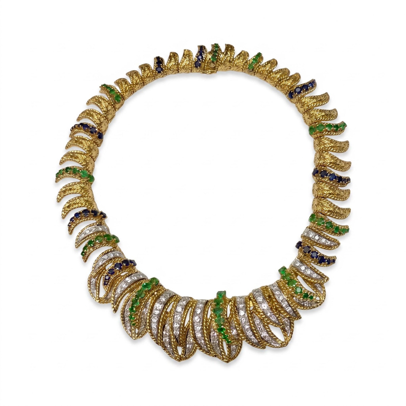 1980s Emerald, Sapphire, and Diamond Gold and Platinum Necklace