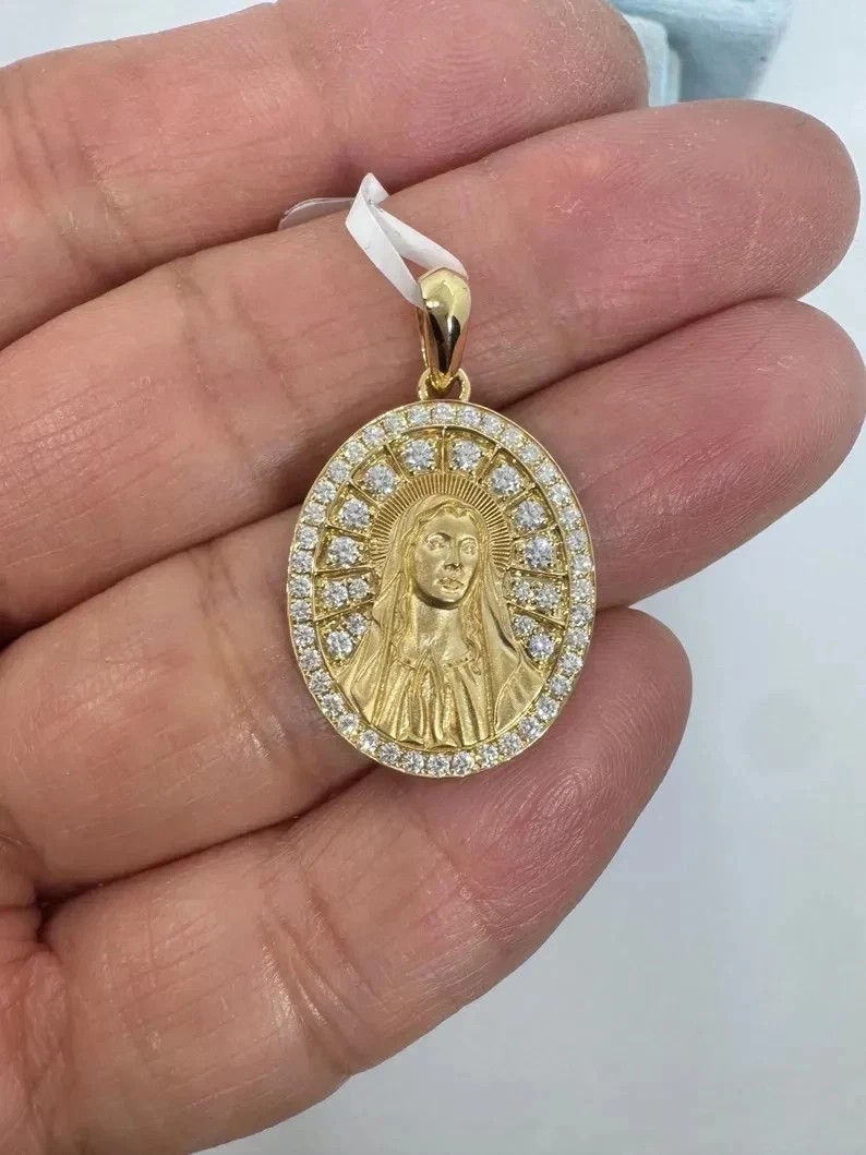 14K Yellow Gold Plated 1Ct Round Cut Real Moissanite Women’s Virgin Mary Pendant