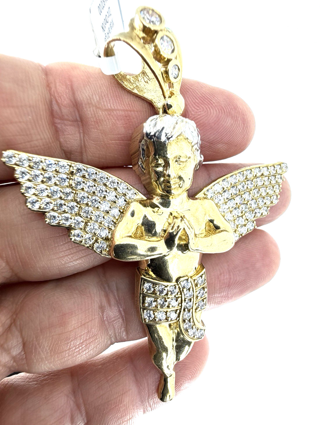 10K Solid Yellow Gold Iced Guardian Praying Angel Pendant CZ Italy