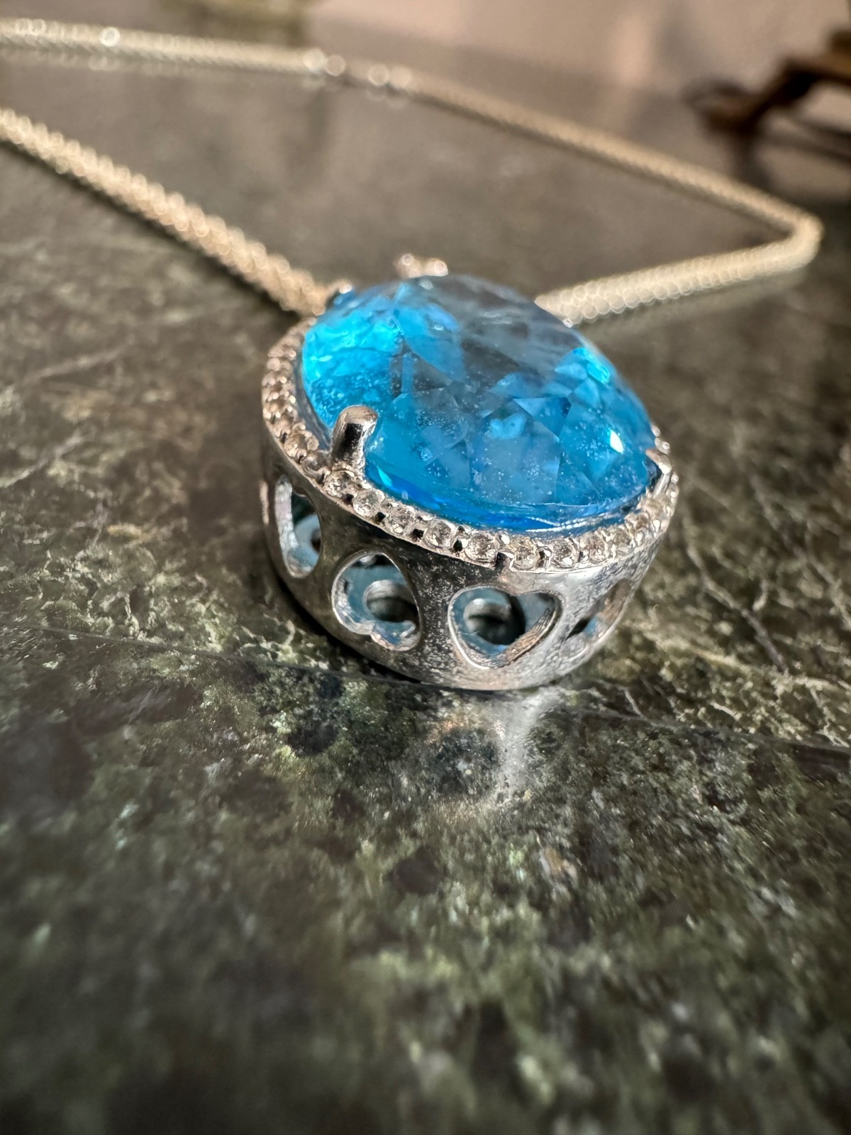 Sterling Silver 925 Large Oval Blue Topaz and White Topaz Pendant With 17″ Chain