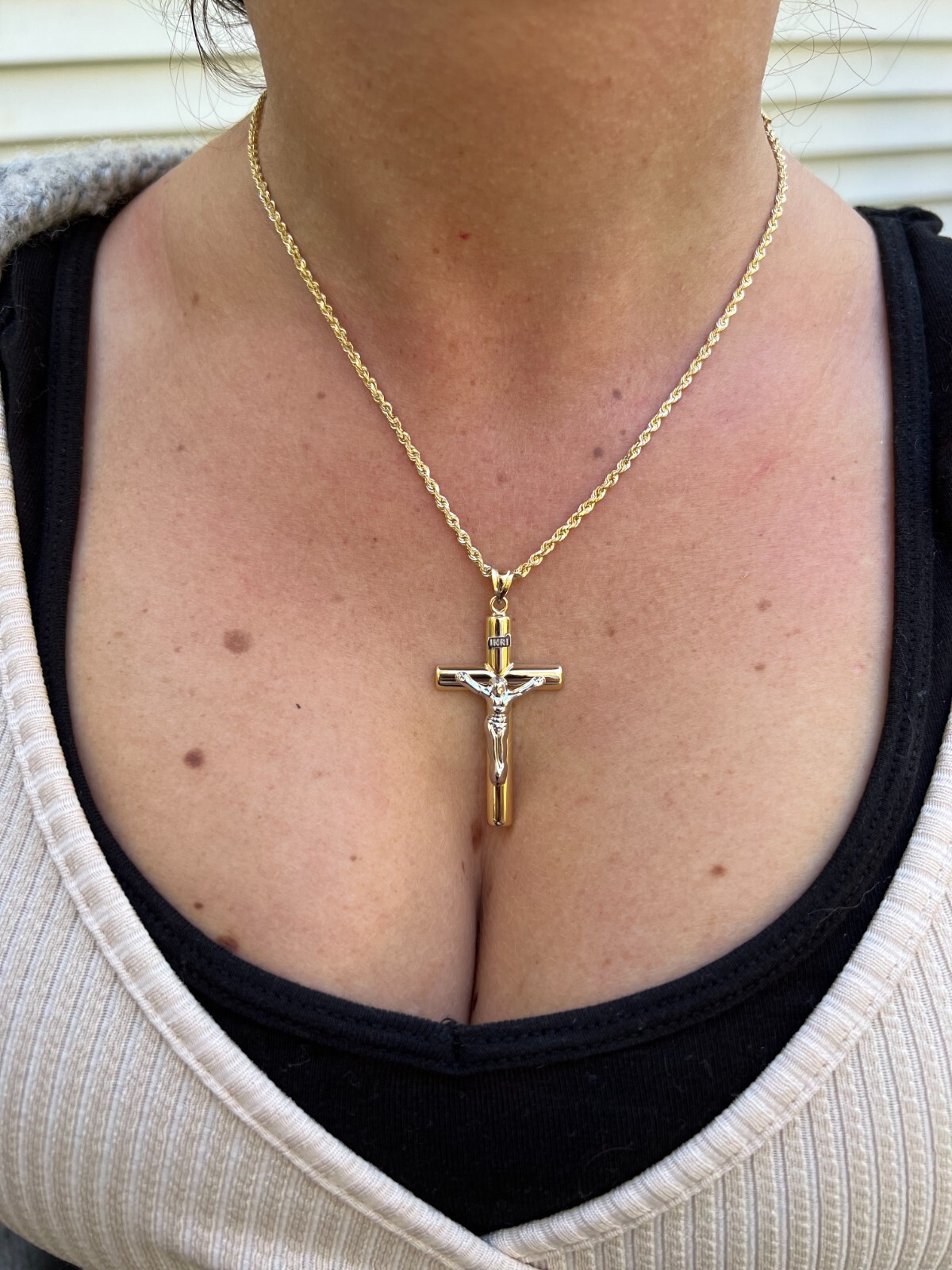 Large 1.85″ Real 14k Yellow & White Gold Cross Jesus Crucifix Pendant Necklace