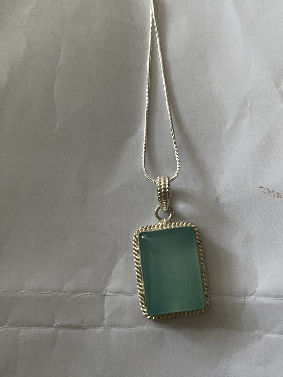 Vintage big Aqua Chalcedony Pendant 925 Silver 20”chain.4×2.5cm UK Seller VGC